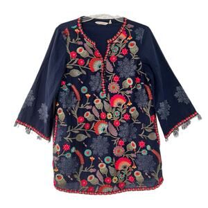 Soft Surroundings Paraiso Tunic Women's M Blue Embroidered Floral Cotton